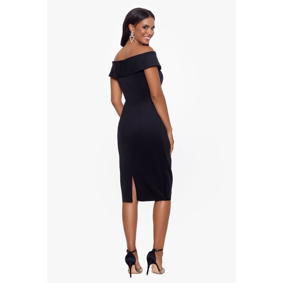 New XScape Off The Shoulder Cap Sleeve Sheath Ruched Side Scuba  Dress Black 16 - Picture 3 of 11